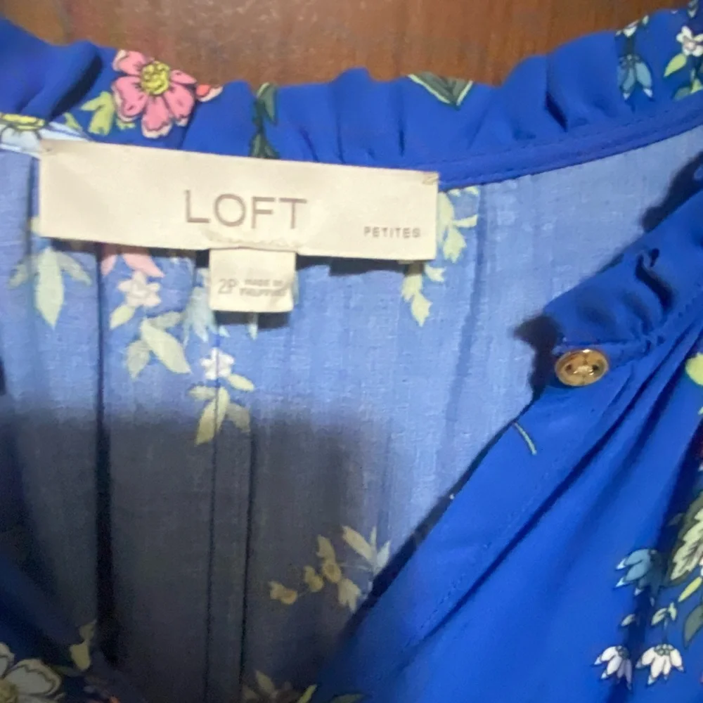 LOFT Babydoll Midi Dress Vibrant Blue Floral Spring Design Long Sleeve Sm Petite - Picture 4 of 4